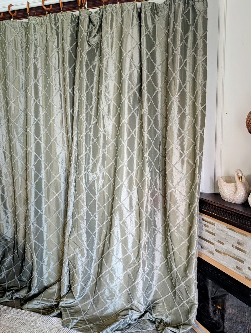 Custom Curtain Panels (2) Green Satin 100W x 87L Cotton Lined Tie Backs Tassel - Picture 7 of 14